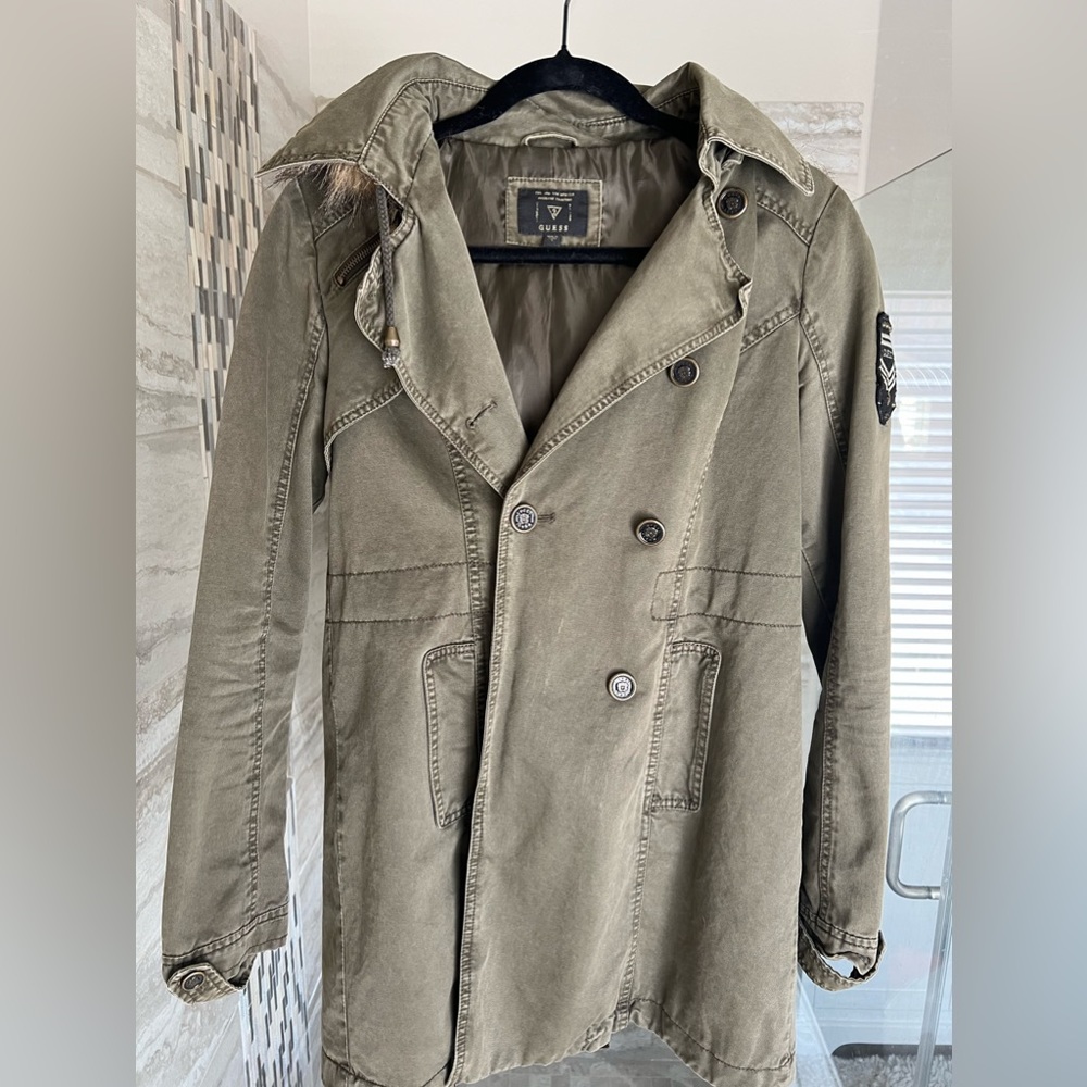 GUESS womens faux fur trip parka jacket olive green parka jacket